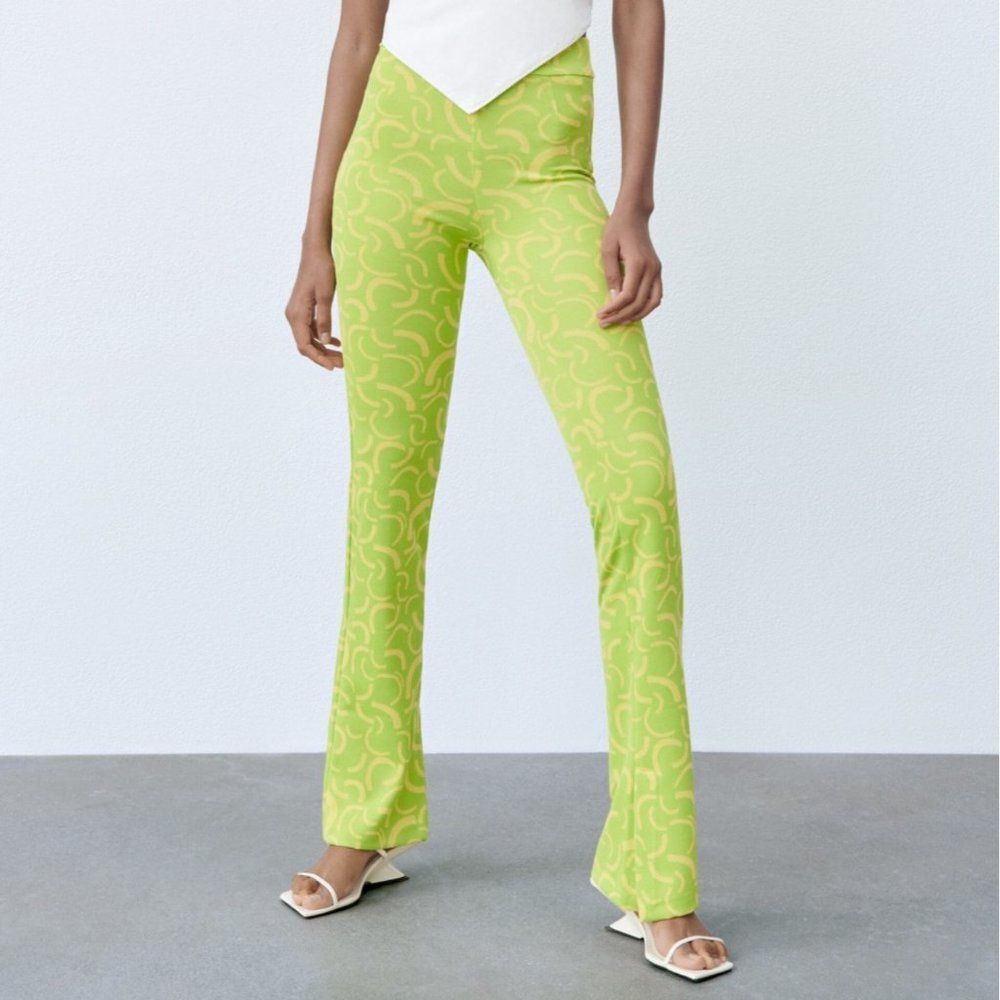 Zara Green and Yellow Flared Jacquard Pants Size Medium NWT Blogger Favorite